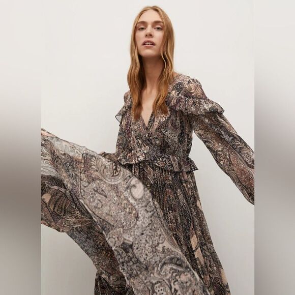 Mango Paisley Pleated Dress New - Picture 9 of 14